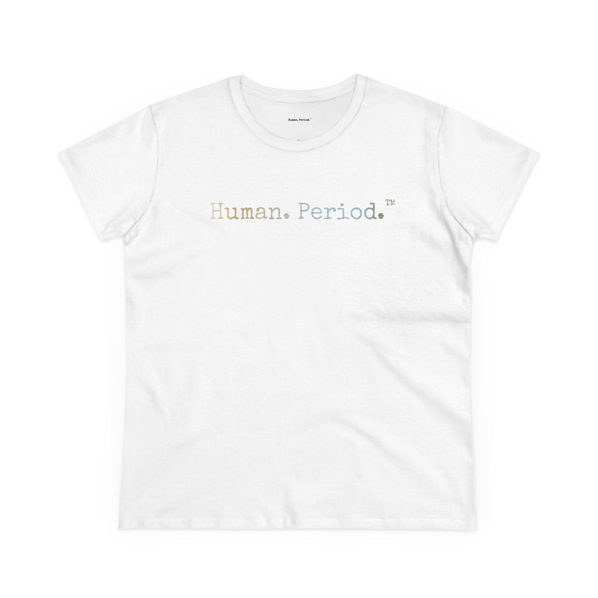 A white short-sleeve crewneck t-shirt featuring the text 'Human. Period.