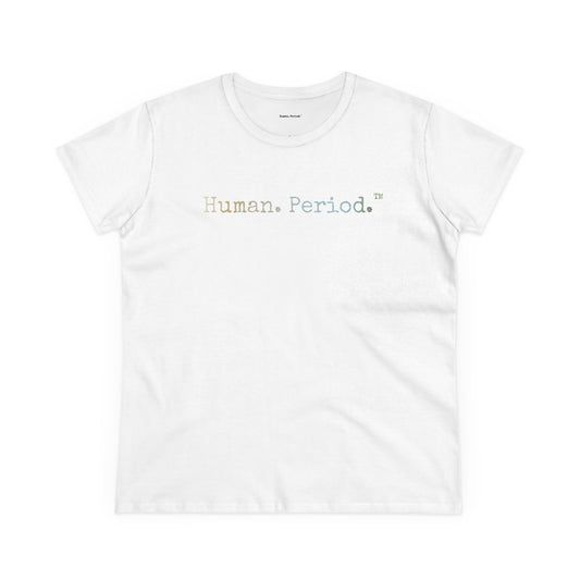 A white short-sleeve crewneck t-shirt featuring the text 'Human. Period.