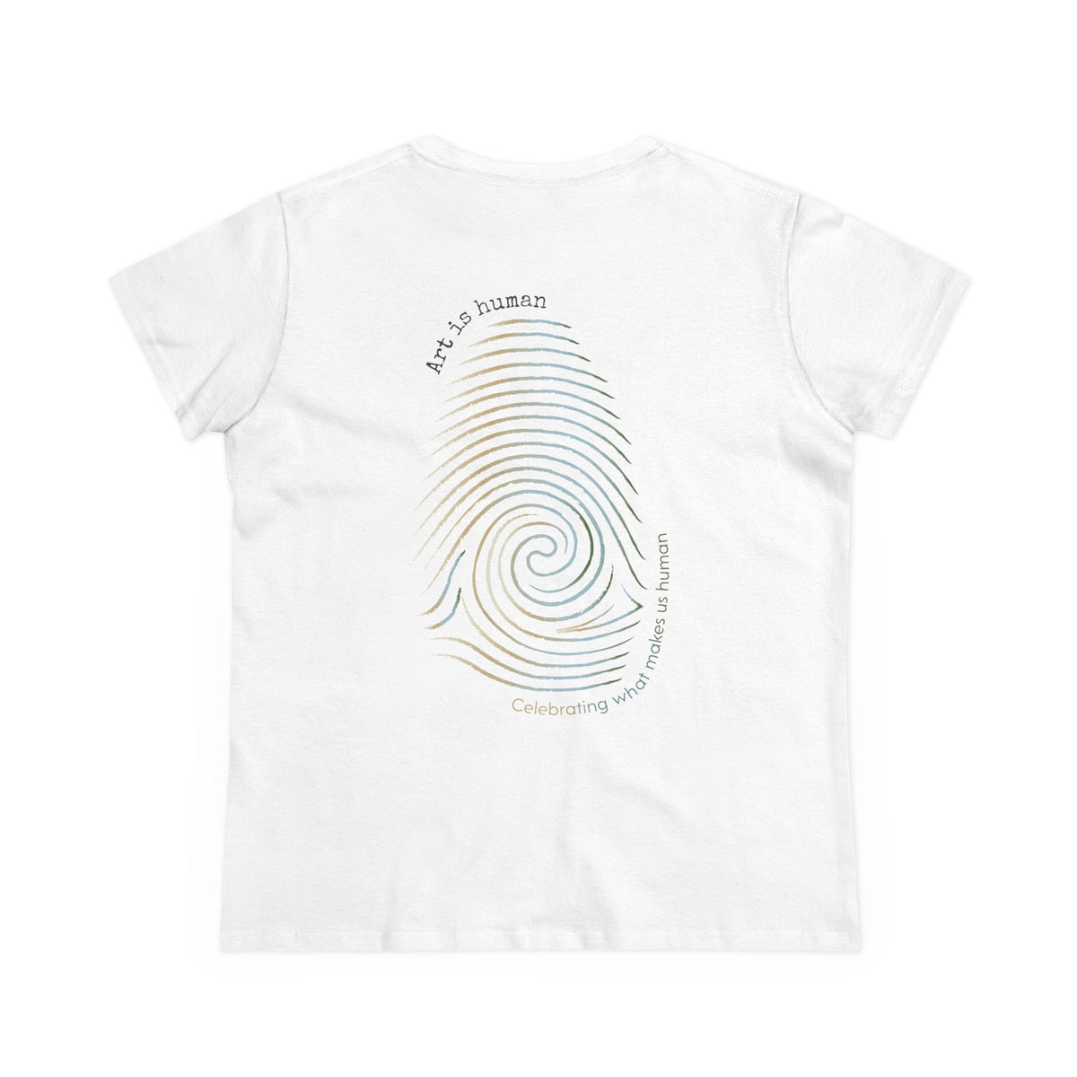 A white short-sleeve t-shirt shown from the back, featuring a large spiral fingerprint graphic in a gold-to-blue gradient with text reading 'Art is human' and 'Celebrating those who make us human'.