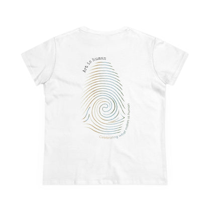 A white short-sleeve t-shirt shown from the back, featuring a large spiral fingerprint graphic in a gold-to-blue gradient with text reading 'Art is human' and 'Celebrating those who make us human'.