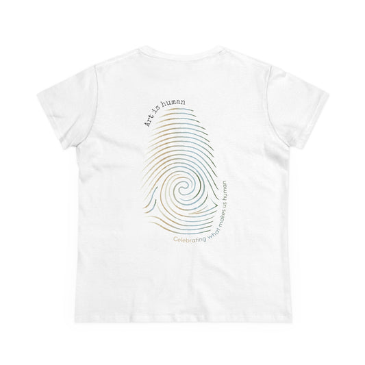 A white short-sleeve t-shirt shown from the back, featuring a large spiral fingerprint graphic in a gold-to-blue gradient with text reading 'Art is human' and 'Celebrating those who make us human'.