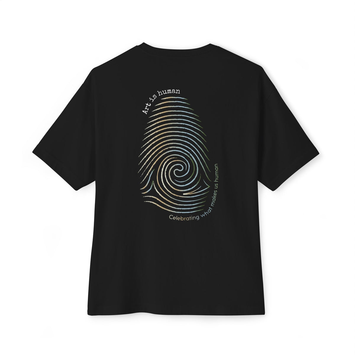 A black short-sleeve t-shirt shown from the back, featuring a large graphic print of a spiral fingerprint in a multi gradient with the text 'Art Is human' and 'Celebrating what makes us human'.