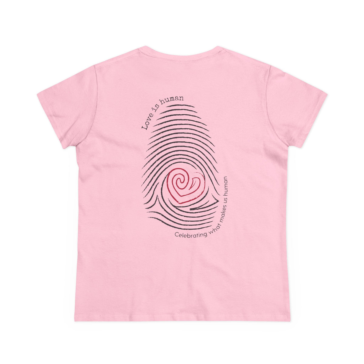 A light pink short-sleeve t-shirt shown from the back, featuring a large graphic of a fingerprint made of black lines with a pink spiral heart in the center and curved text reading 'Love is human' and 'Celebrating who makes us human'.