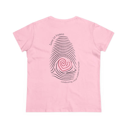 A light pink short-sleeve t-shirt shown from the back, featuring a large graphic of a fingerprint made of black lines with a pink spiral heart in the center and curved text reading 'Love is human' and 'Celebrating who makes us human'.