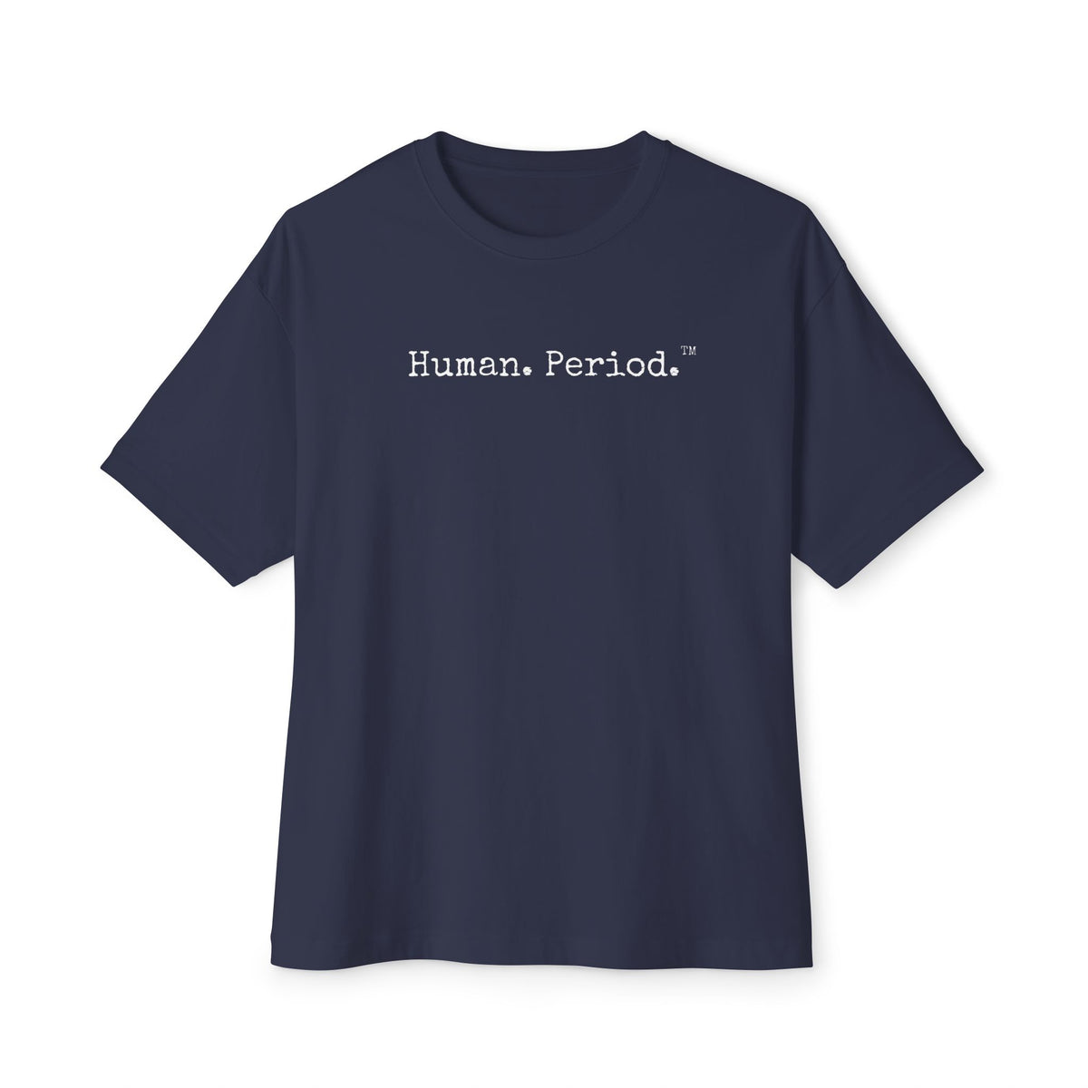 Blue t-shirt with 'Human Period' text on a white background