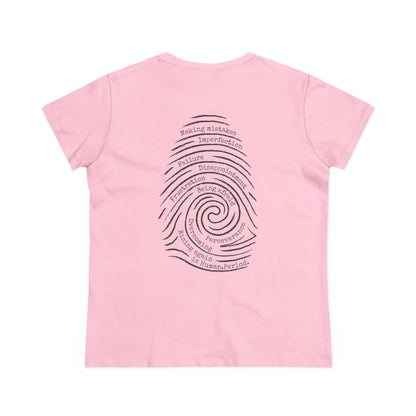 A light pink short-sleeve t-shirt shown from the back.  The graphic is a spiral fingerprint design containing various words related to personal growth and self-reflection, such as 'Making Mistakes',  'Failure', and Overcoming.