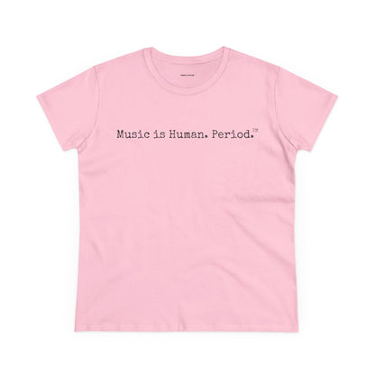 A light pink short-sleeve crewneck t-shirt with the text 'Music is Human. Period.' printed in black typewriter font across the chest, displayed on a clean white background.