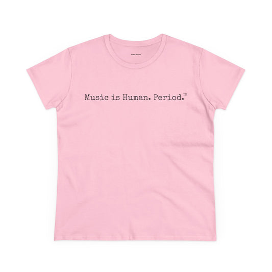 A light pink short-sleeve crewneck t-shirt with the text 'Music is Human. Period.' printed in black typewriter font across the chest, displayed on a clean white background.