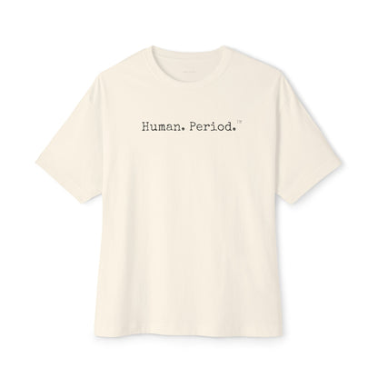 Beige t-shirt with 'Human Period' text on a white background