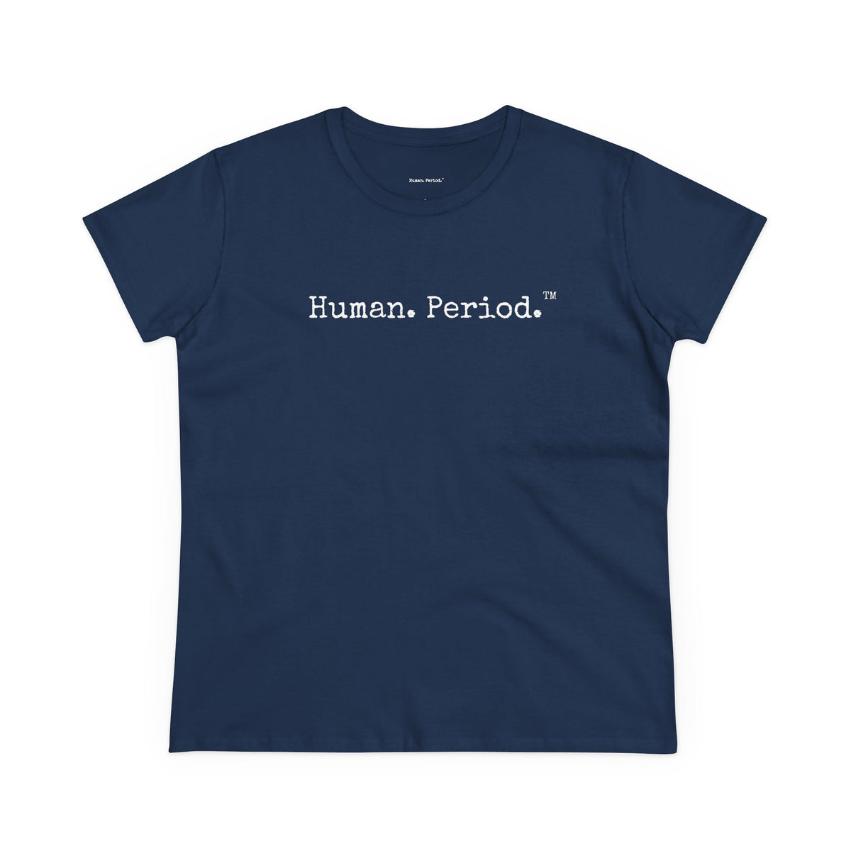 Navy blue t-shirt with white text on a white background
