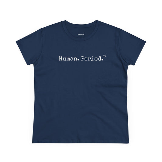 Navy blue t-shirt with white text on a white background