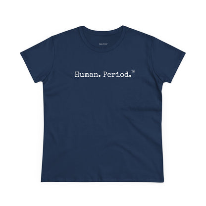 Navy blue t-shirt with white text on a white background