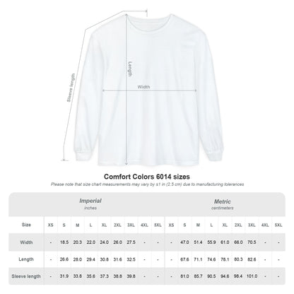 White long sleeve with measurement chart on a white background