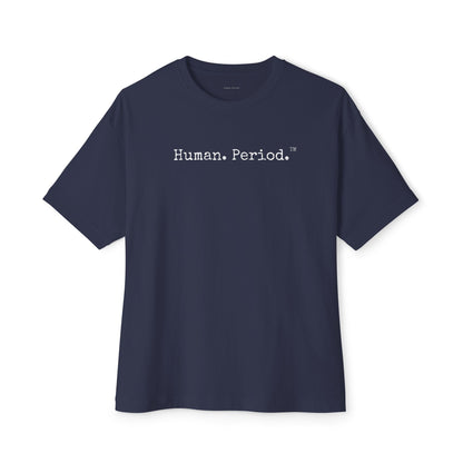 Navy blue tshirt with Human. Period. text