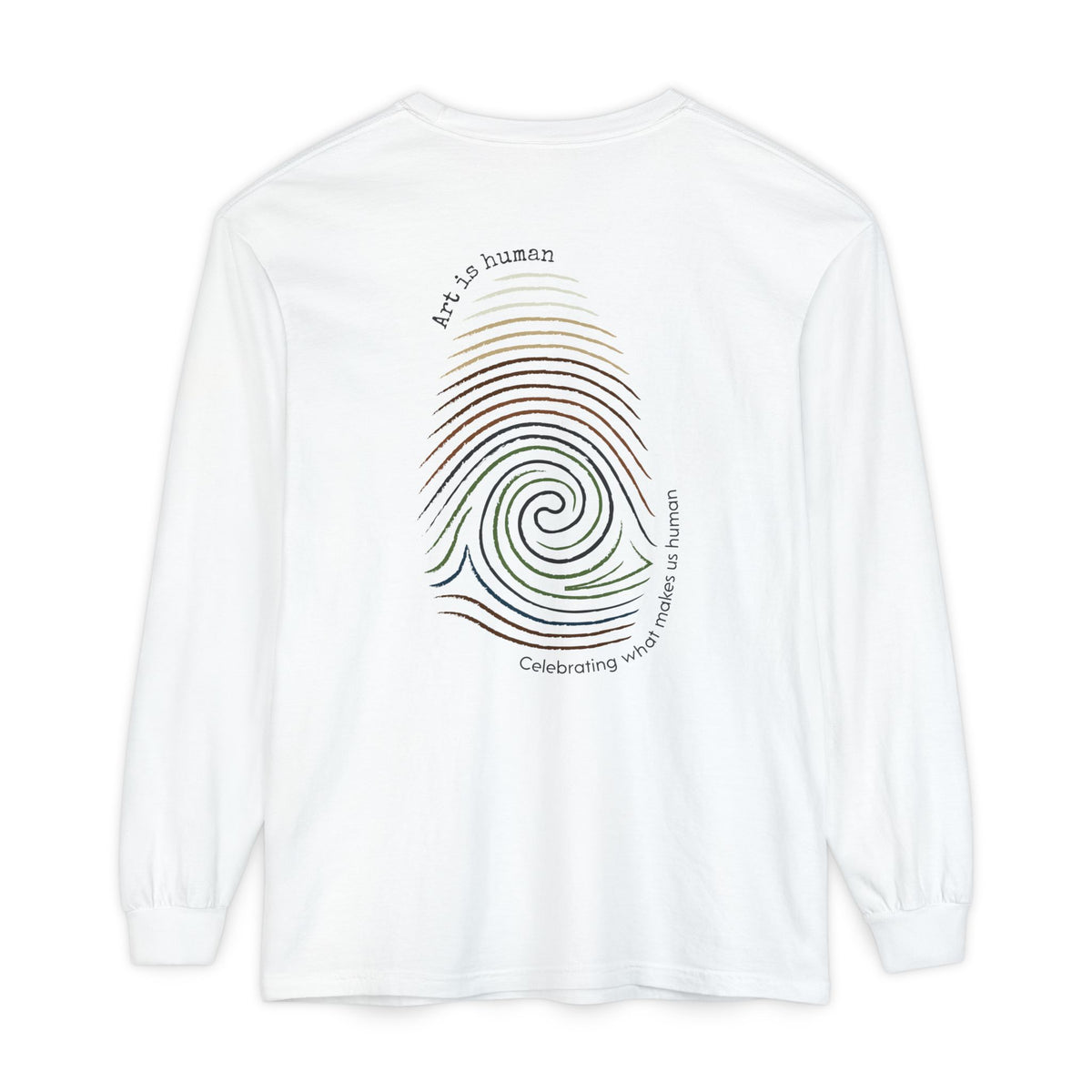 A white long-sleeve t-shirt shown from the back, featuring a colorful spiral fingerprint graphic with the text 'Art is human' and 'Celebrating what make us human'.