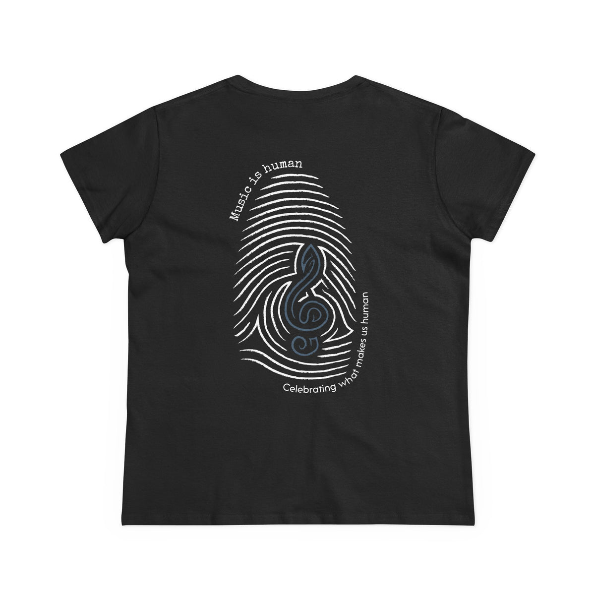 A black short-sleeve t-shirt shown from the back, featuring a large graphic print of a fingerprint made of white lines with a blue treble clef in the center and white text reading 'Music is human' and 'Celebrating what makes us human.'