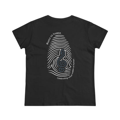 A black short-sleeve t-shirt shown from the back, featuring a large graphic print of a fingerprint made of white lines with a blue treble clef in the center and white text reading 'Music is human' and 'Celebrating what makes us human.'