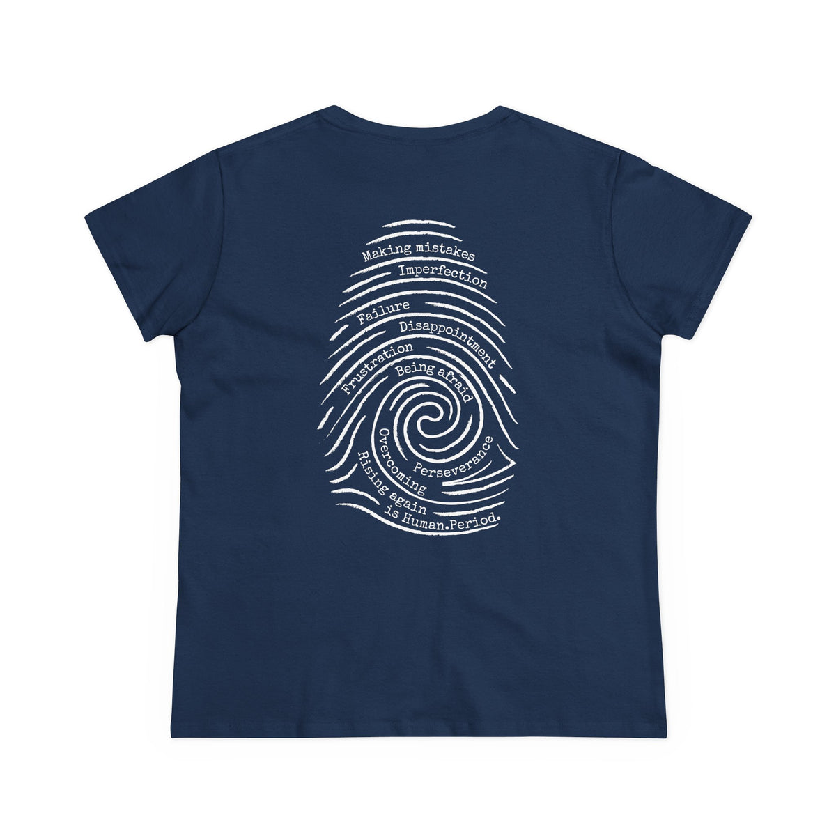 A navy blue short-sleeve t-shirt with a white graphic print on the back. The graphic is a spiral fingerprint design containing various words related to personal growth and self-reflection, such as 'Making Mistakes',  'Failure', and Overcoming.