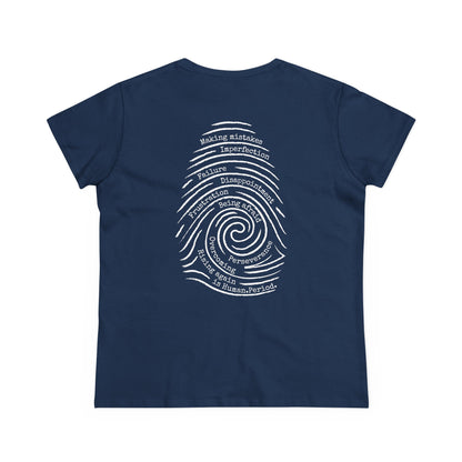 A navy blue short-sleeve t-shirt with a white graphic print on the back. The graphic is a spiral fingerprint design containing various words related to personal growth and self-reflection, such as 'Making Mistakes',  'Failure', and Overcoming.