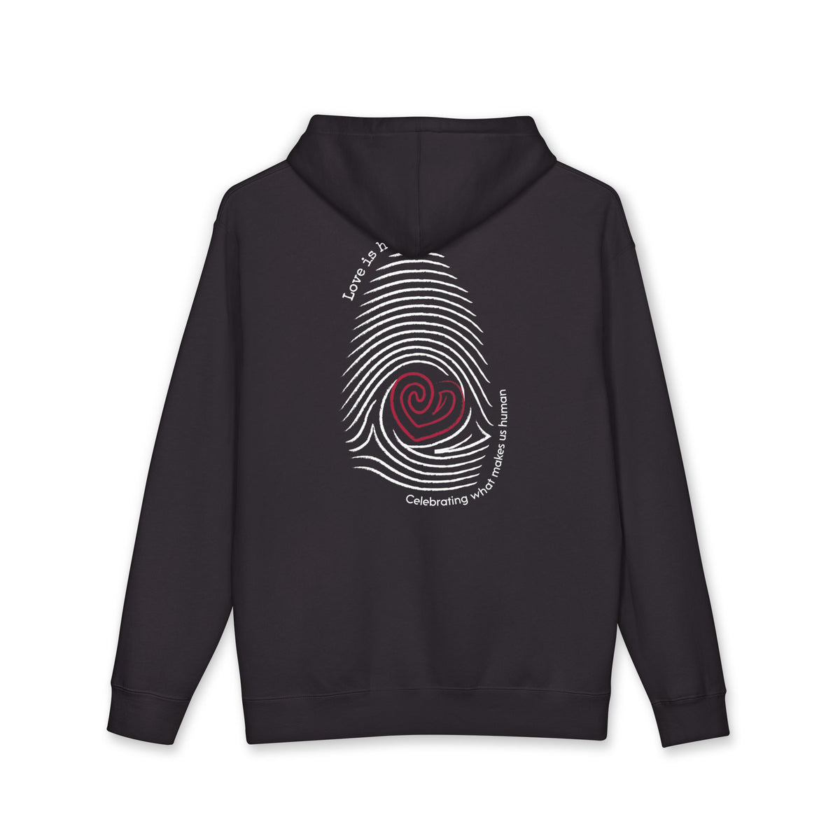 A black pullover hoodie shown from the back, featuring a large white fingerprint graphic with a red spiral center and white text reading Love is human