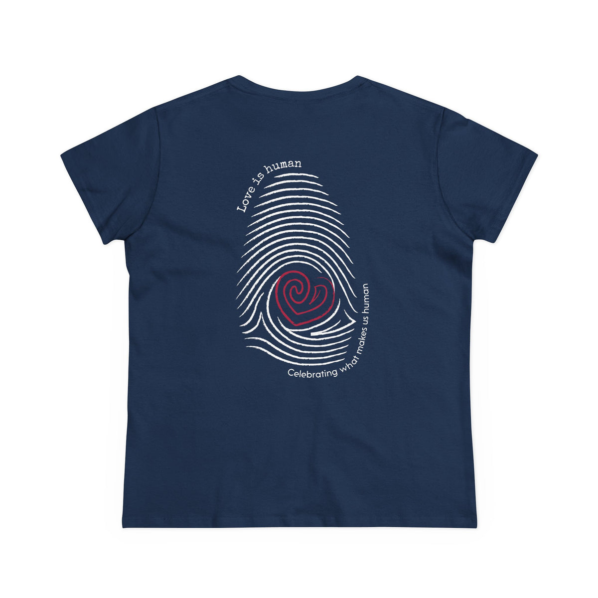 A navy blue short-sleeve t-shirt shown from the back, featuring a large graphic print of a white fingerprint with a red heart center and white text reading 'Love is human' and 'Celebrating what makes us human'.