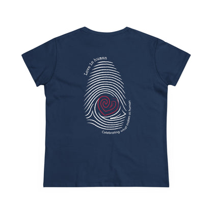 A navy blue short-sleeve t-shirt shown from the back, featuring a large graphic print of a white fingerprint with a red heart center and white text reading 'Love is human' and 'Celebrating what makes us human'.