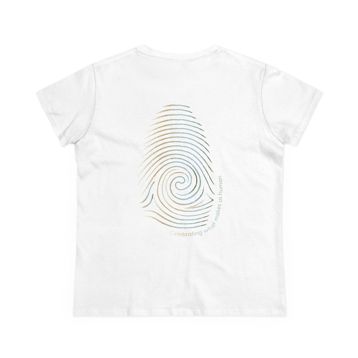 A white short-sleeve t-shirt shown from the back, featuring a large fingerprint graphic filled with a gold, blue, and green gradient. The text 'Celebrating what makes us Human' is printed vertically in a matching gradient along the right side of the fingerprint.