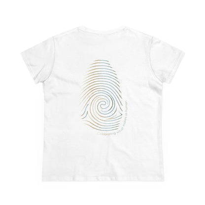 A white short-sleeve t-shirt shown from the back, featuring a large fingerprint graphic filled with a gold, blue, and green gradient. The text 'Celebrating what makes us Human' is printed vertically in a matching gradient along the right side of the fingerprint.