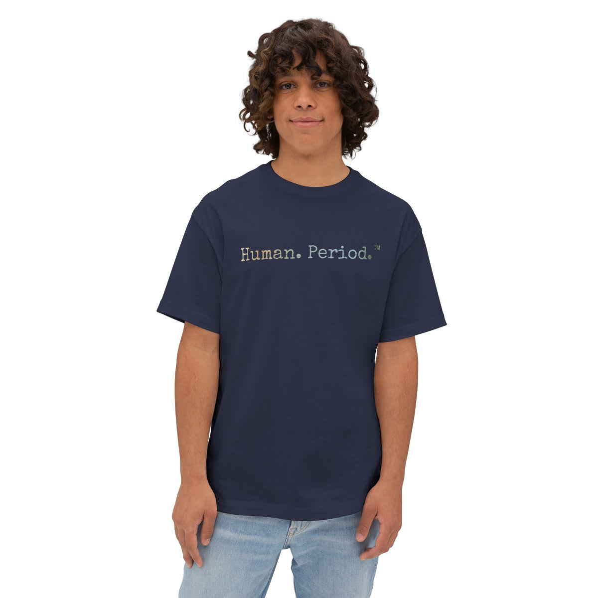 Person wearing a navy t-shirt with Human Period text on a white background