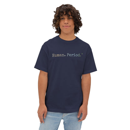 Person wearing a navy t-shirt with Human Period text on a white background