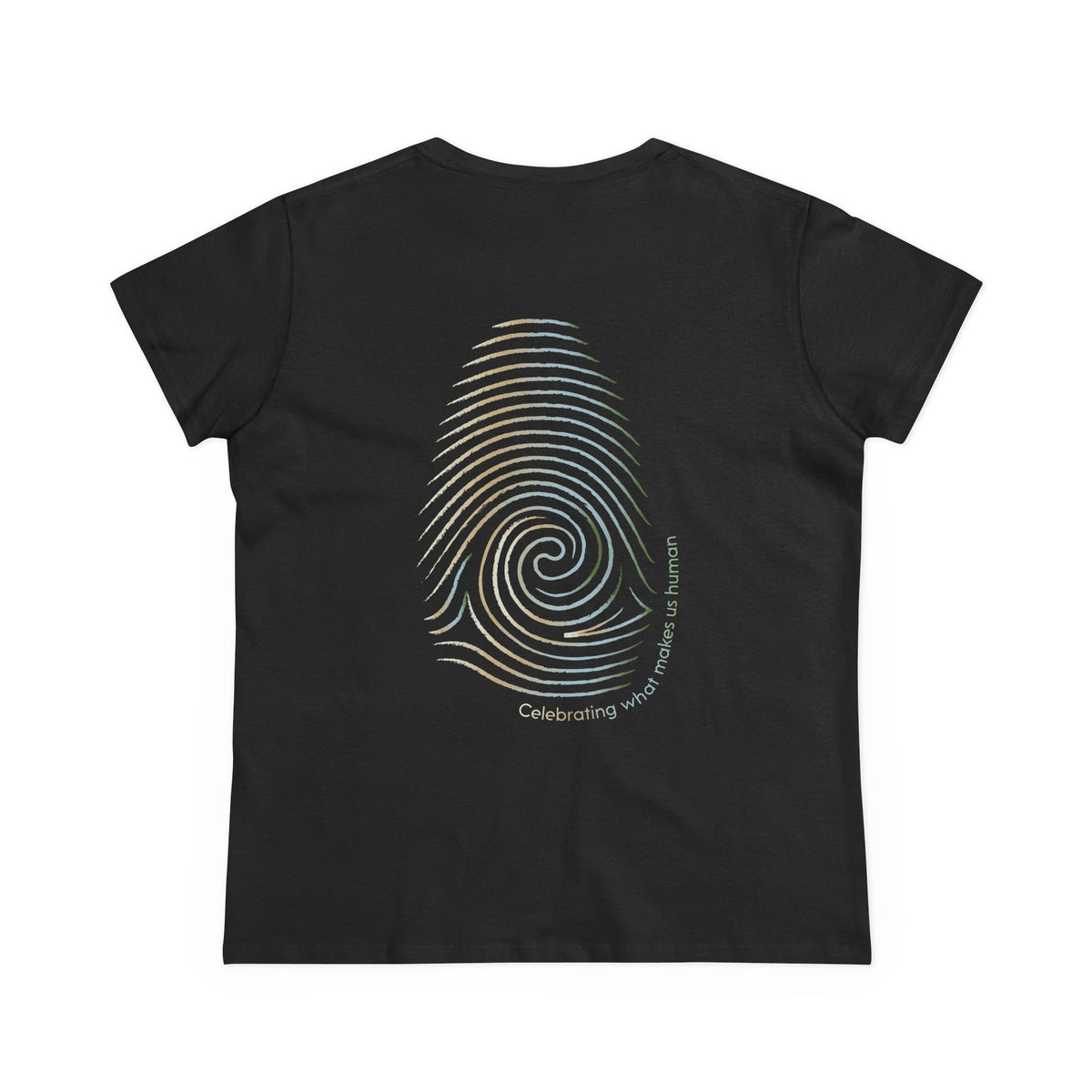 A black short-sleeve t-shirt shown from the back, featuring a large graphic of a spiral fingerprint in a rainbow gradient with the text 'Celebrating what makes us human' printed below it.