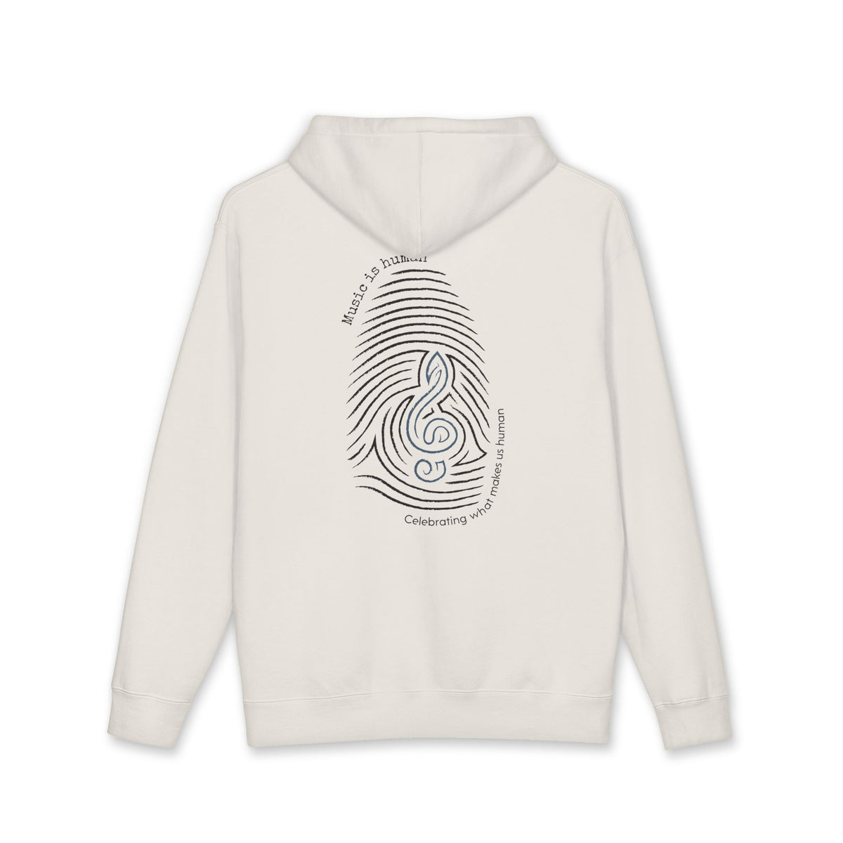 An off-white hooded sweatshirt shown from the back, featuring a black graphic of a fingerprint integrated with a treble clef and the words 'Music is life' and 'Celebrating what makes us human'.