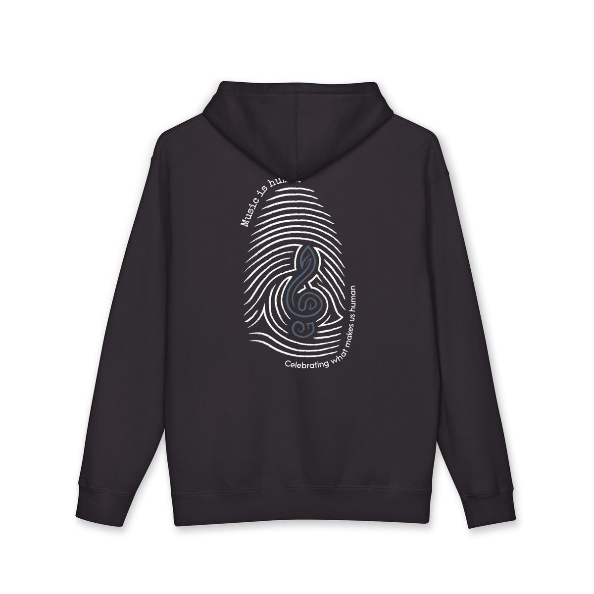 A dark charcoal gray hoodie shown from the back, featuring a large white graphic of a fingerprint with a treble clef inside, surrounded by circular text.