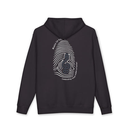 A dark charcoal gray hoodie shown from the back, featuring a large white graphic of a fingerprint with a treble clef inside, surrounded by circular text.