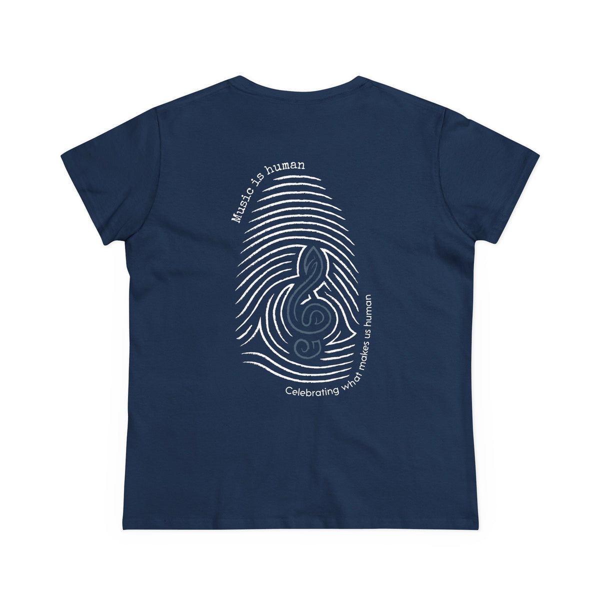 A navy blue short-sleeve t-shirt shown from the back, featuring a white graphic design of a fingerprint made of musical notes and the words 'Music is human' and 'Celebrating what makes us human'.