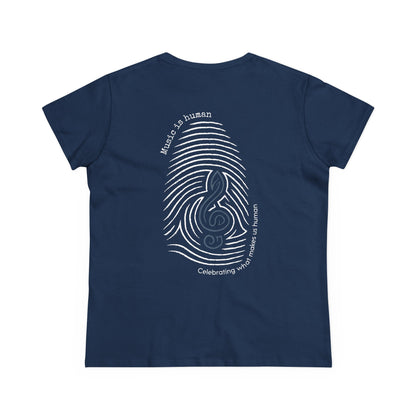 A navy blue short-sleeve t-shirt shown from the back, featuring a white graphic design of a fingerprint made of musical notes and the words 'Music is human' and 'Celebrating what makes us human'.