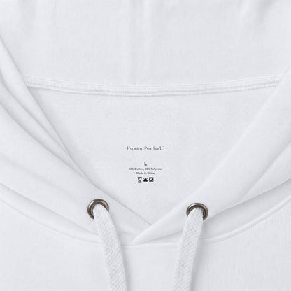 Close-up of a white hoodie hood interior showing the drawstrings, metal eyelets, and printed Human Period brand label.
