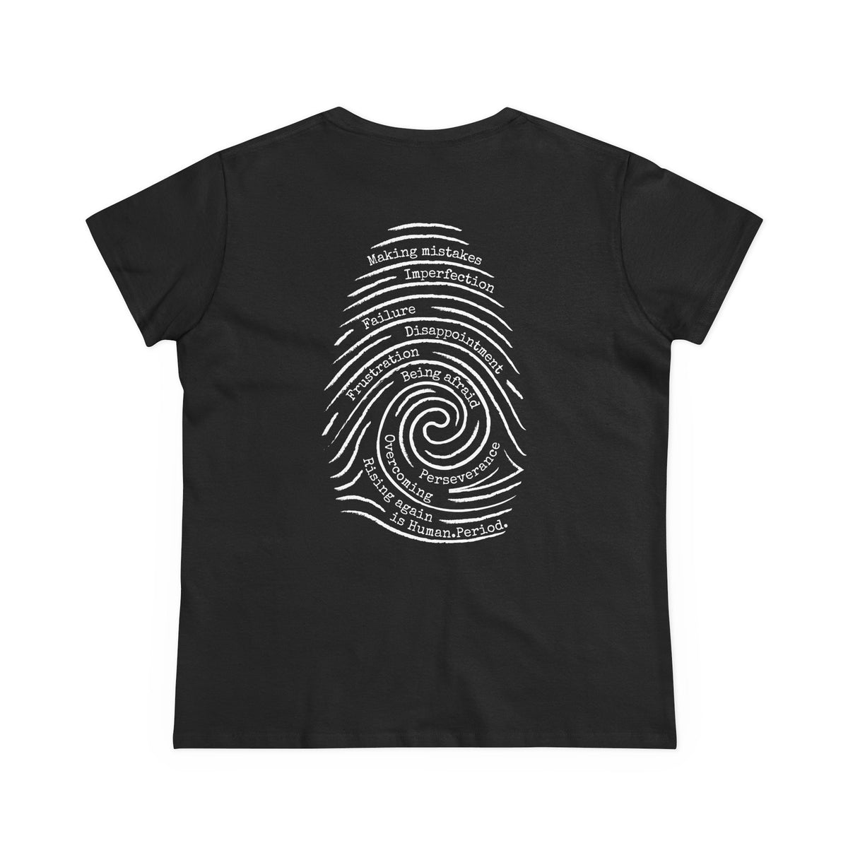 A black short-sleeve t-shirt shown from the back, featuring a white graphic print of a spiral fingerprint made of words on a solid white background. The graphic is a spiral fingerprint design containing various words related to personal growth and self-reflection, such as 'Making Mistakes',  'Failure', and Overcoming.