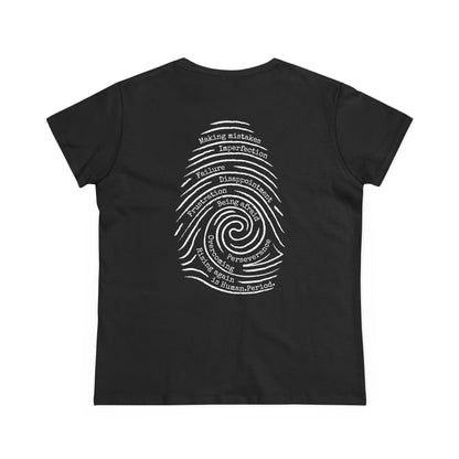 A black short-sleeve t-shirt shown from the back, featuring a white graphic print of a spiral fingerprint made of words on a solid white background. The graphic is a spiral fingerprint design containing various words related to personal growth and self-reflection, such as 'Making Mistakes',  'Failure', and Overcoming.