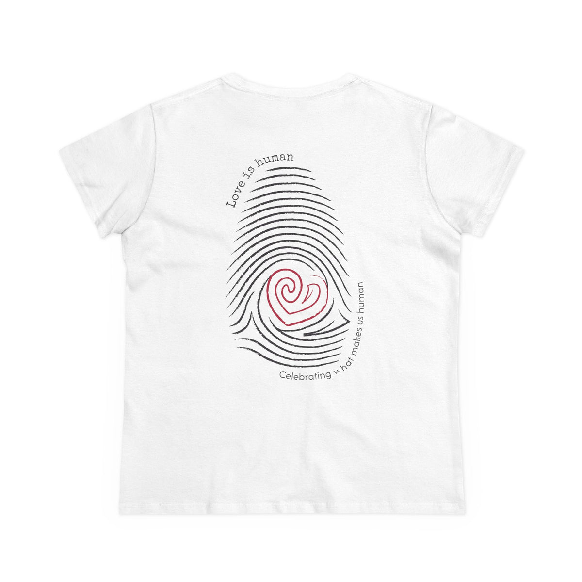 A white short-sleeve t-shirt shown from the back, featuring a graphic design of a fingerprint made of black lines with a red spiral heart in the center and text reading 'Love is human' and 'Celebrating what makes us human'.