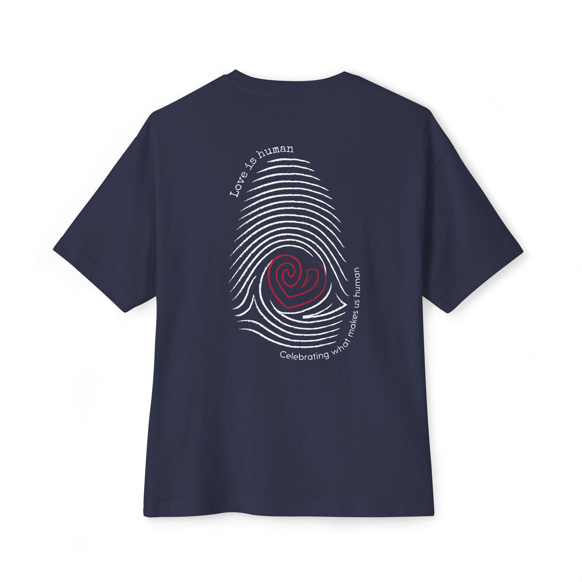 A navy blue short-sleeve t-shirt shown from the back, featuring a graphic print of a fingerprint with a red heart center and text reading 'Love is human' and 'Celebrating what makes us human'.