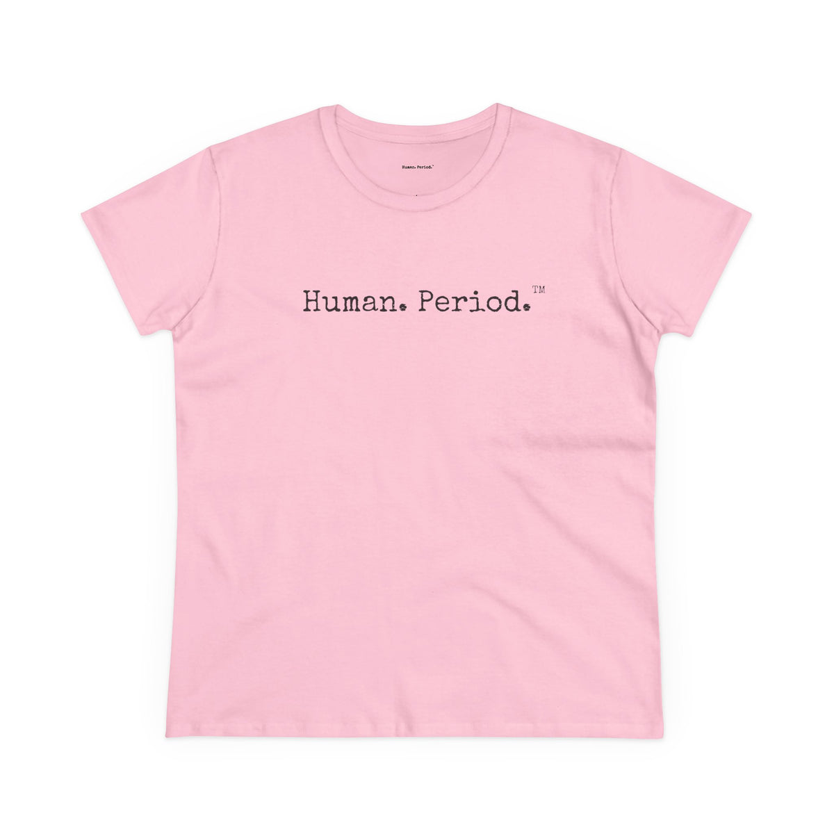 A light pink short-sleeve crewneck t-shirt with the text 'Human. Period.