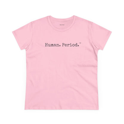 A light pink short-sleeve crewneck t-shirt with the text 'Human. Period.