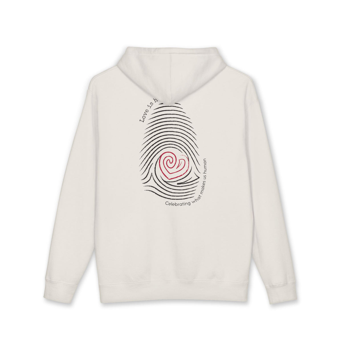 An off-white hooded sweatshirt shown from the back, featuring a graphic of a black fingerprint with a red spiral heart in the center and curved text reading 'Love is human