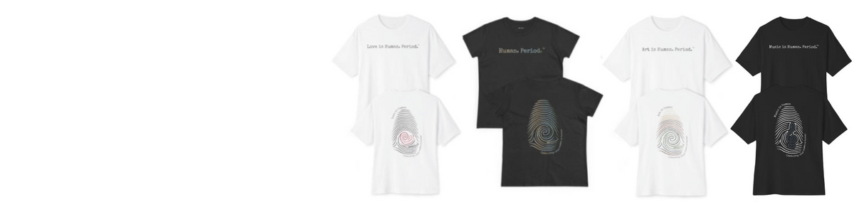 Eight t-shirts (four white and four black) arranged in two rows against a plain white background. The shirts feature a graphic of a fingerprint with a pink heart shape inside it, and text above reading 'Love is Human", Celebrating what's human, Art is Human and Music is Human.