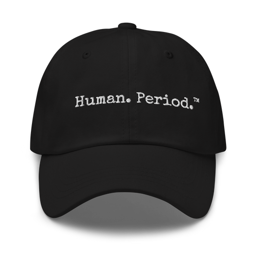 Product mockup. Black hat with Human. Period. in white text