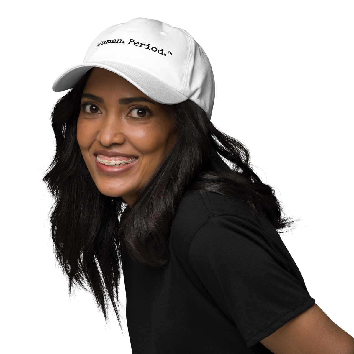 Girl wearing Human. Period Cap