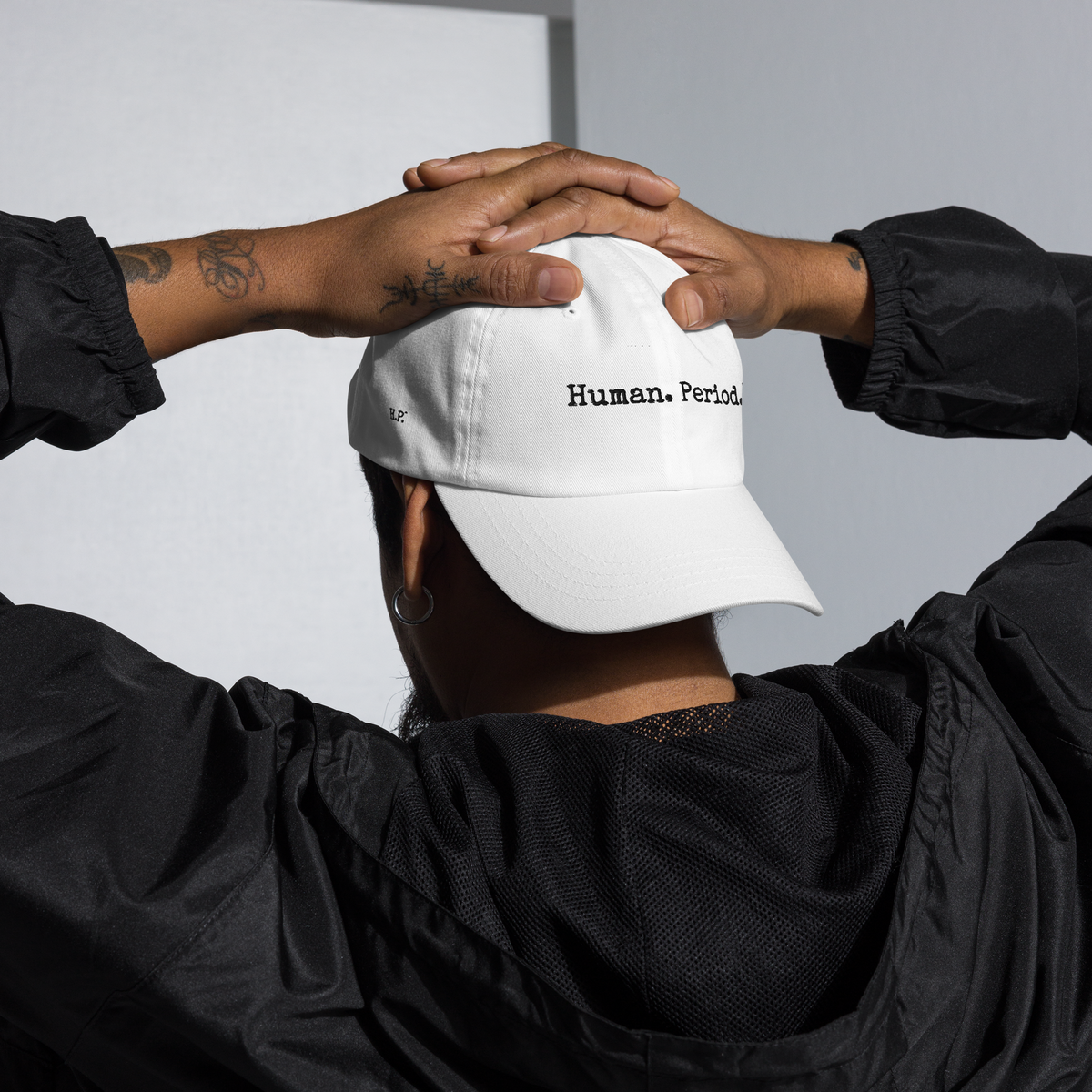 Product mockup. white cap with black text