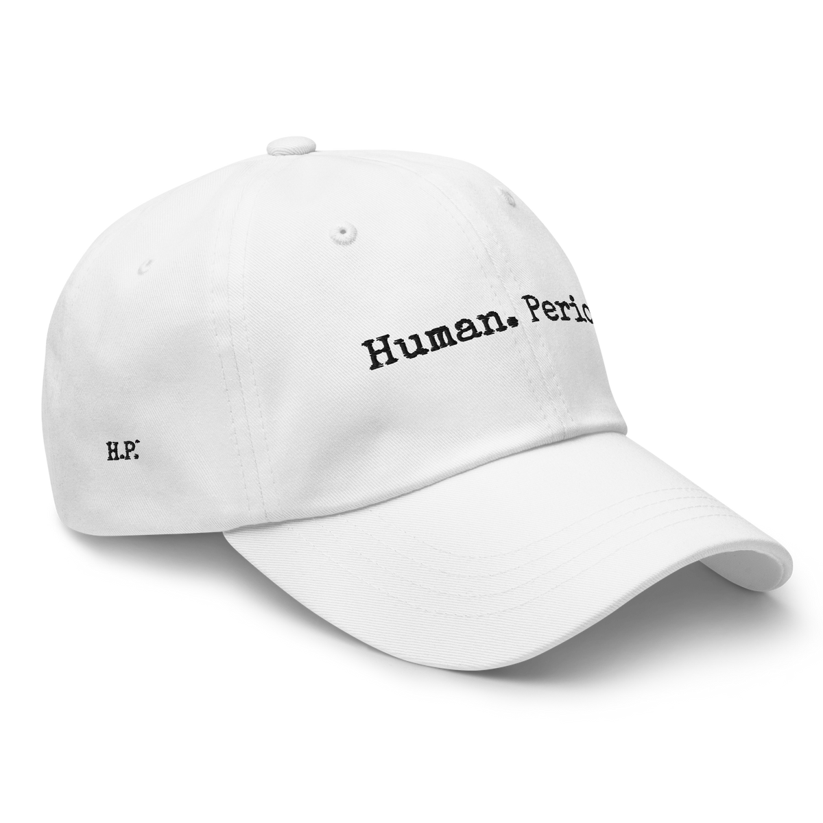 Product mockup. white cap with Human. Period text