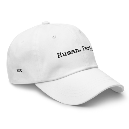 Product mockup. white cap with Human. Period text